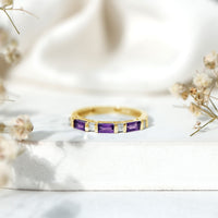 Natural Baguette Amethyst Promise Ring with Diamond for Women