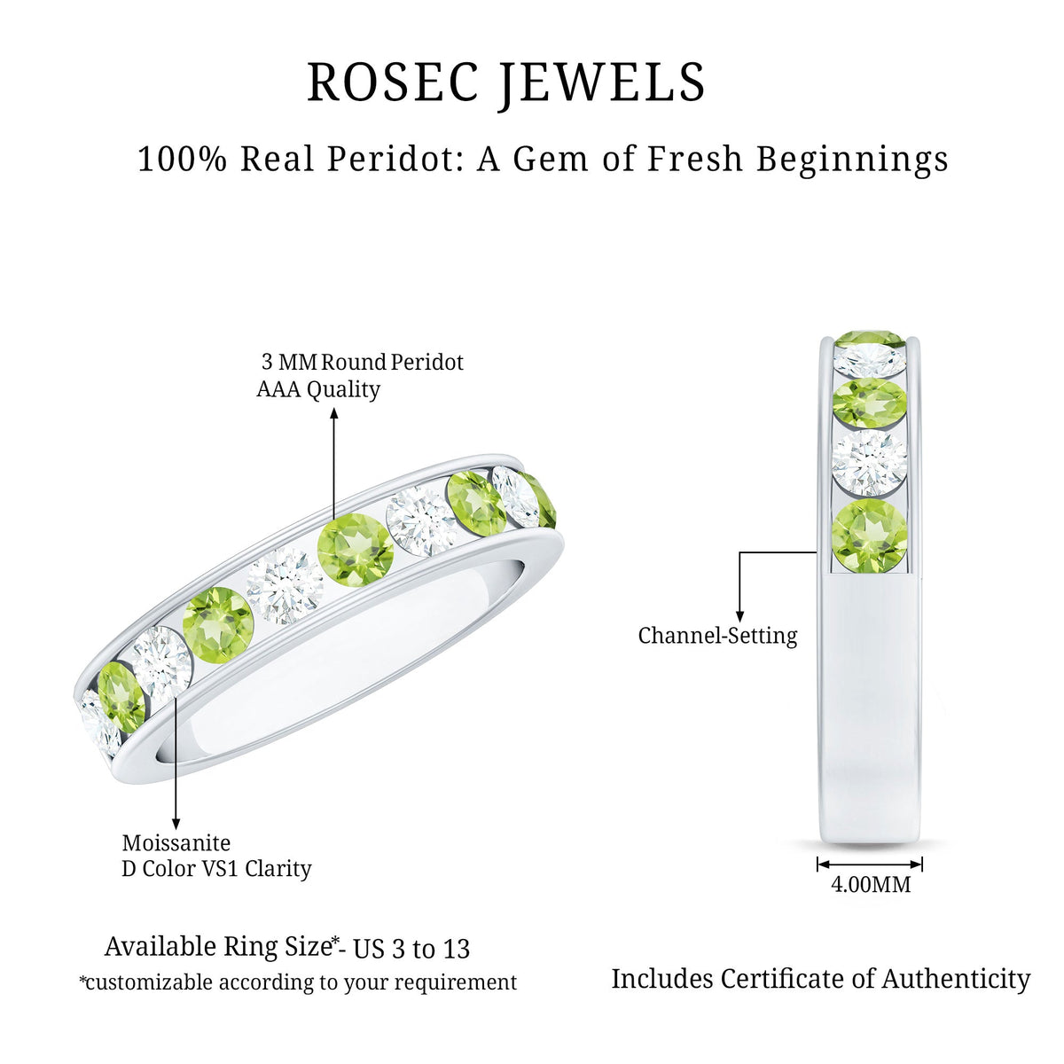 Channel set peridot and diamond half eternity ring for women by Rosec Jewels, showcasing alternating green peridot and sparkling diamonds.