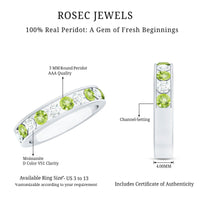 Channel set peridot and diamond half eternity ring for women by Rosec Jewels, showcasing alternating green peridot and sparkling diamonds.