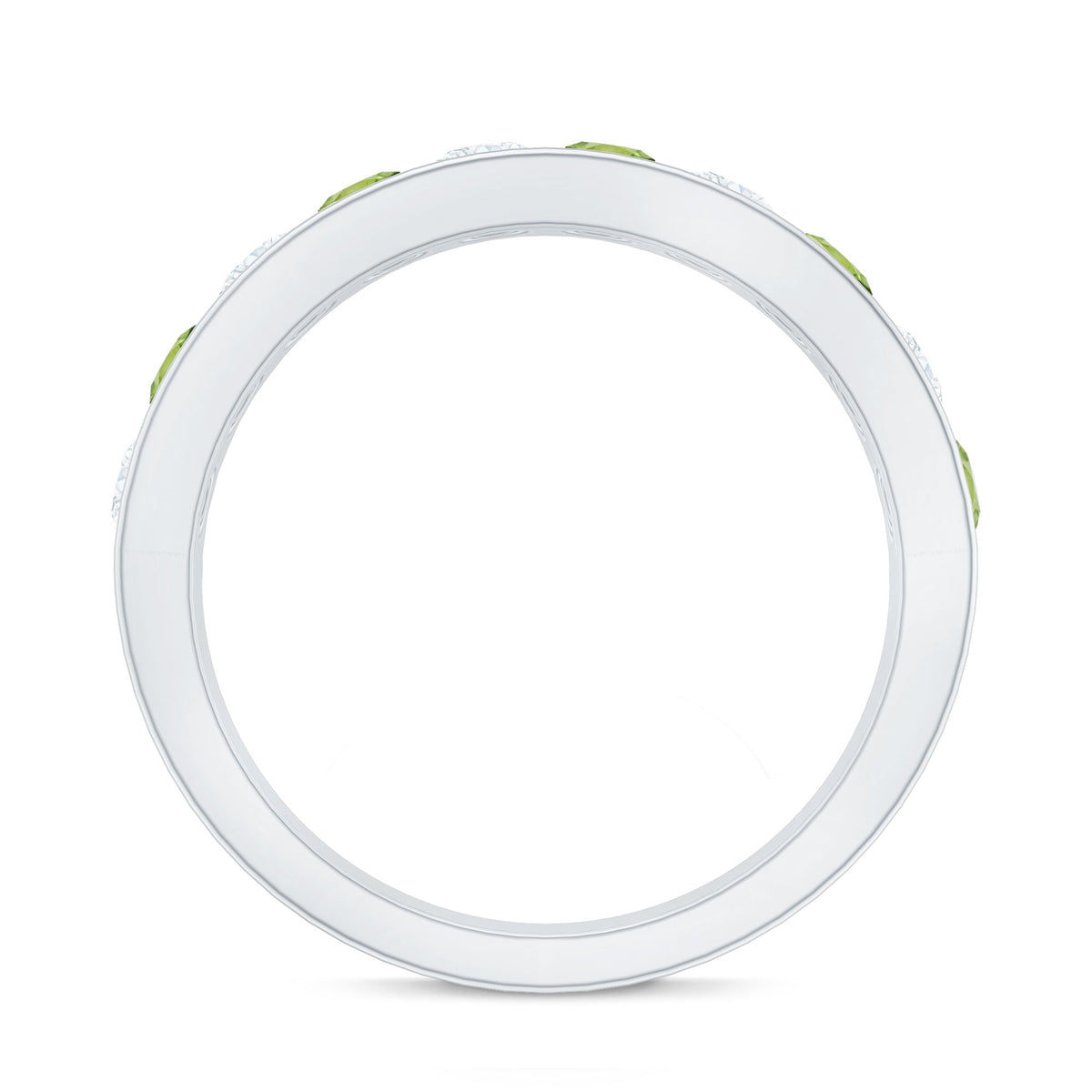 Channel set peridot and diamond half eternity ring for women by Rosec Jewels, showcasing sparkling gemstones in a sleek band.