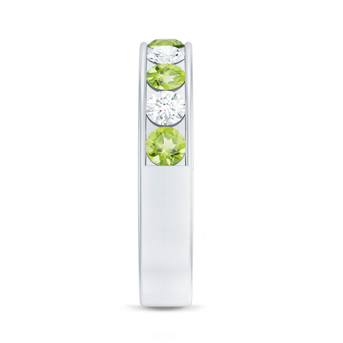 Rosec Jewels channel set peridot and diamond half eternity ring for women, showcasing vibrant gemstones and elegant design.