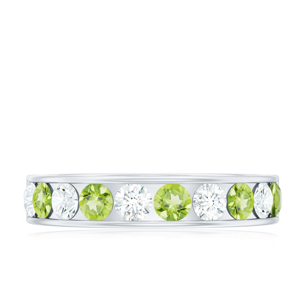 Channel set peridot and diamond half eternity ring for women by Rosec Jewels, featuring vibrant green peridot and sparkling diamonds.
