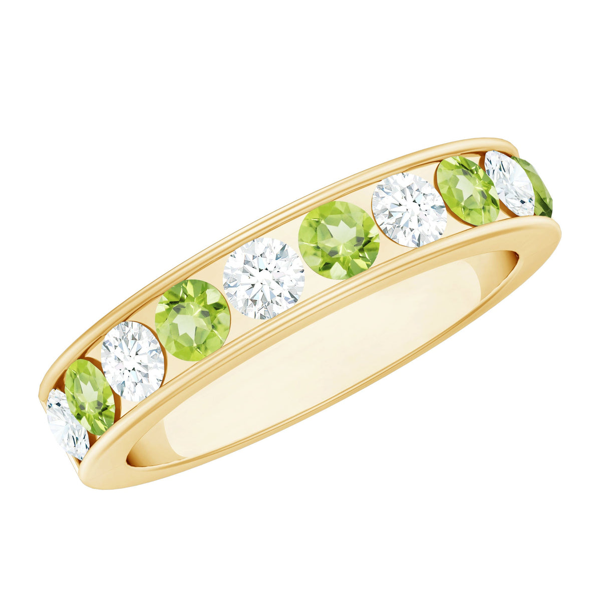 Channel set peridot and diamond half eternity ring for women by Rosec Jewels, featuring vibrant green peridot stones and sparkling diamonds.
