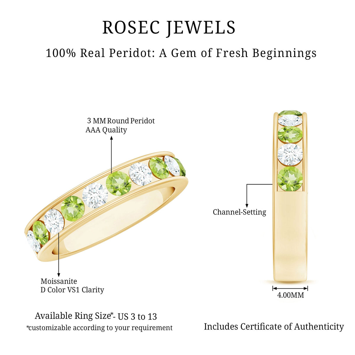 Channel set peridot and diamond half eternity ring for women by Rosec Jewels, showcasing vibrant green peridot and sparkling diamonds.