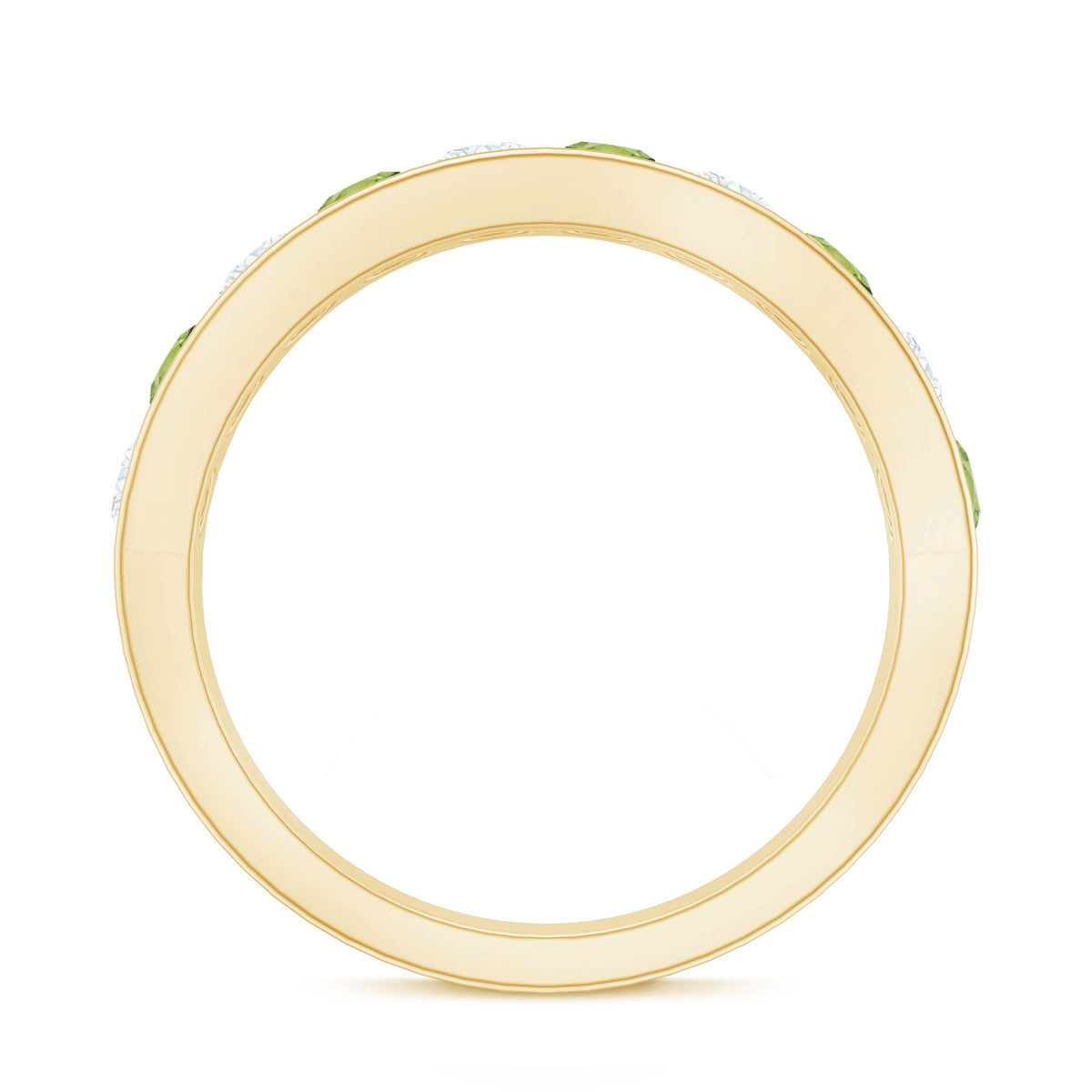 Channel set peridot and diamond half eternity ring for women by Rosec Jewels, showcasing sparkling gemstones in a sleek band.
