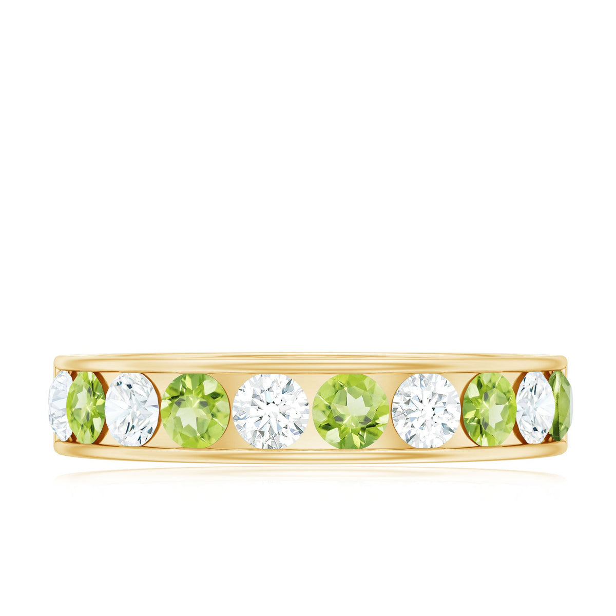 Channel set peridot and diamond half eternity ring for women by Rosec Jewels, featuring vibrant green gemstones and sparkling diamonds.