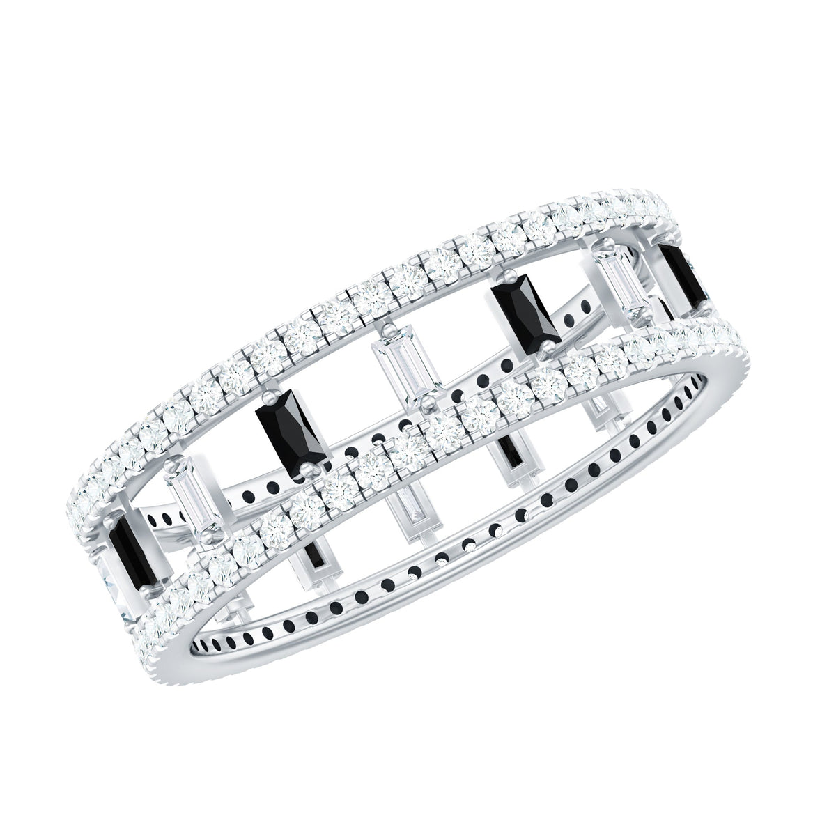 Baguette Cut Black Spinel and Moissanite Wedding Band for Women