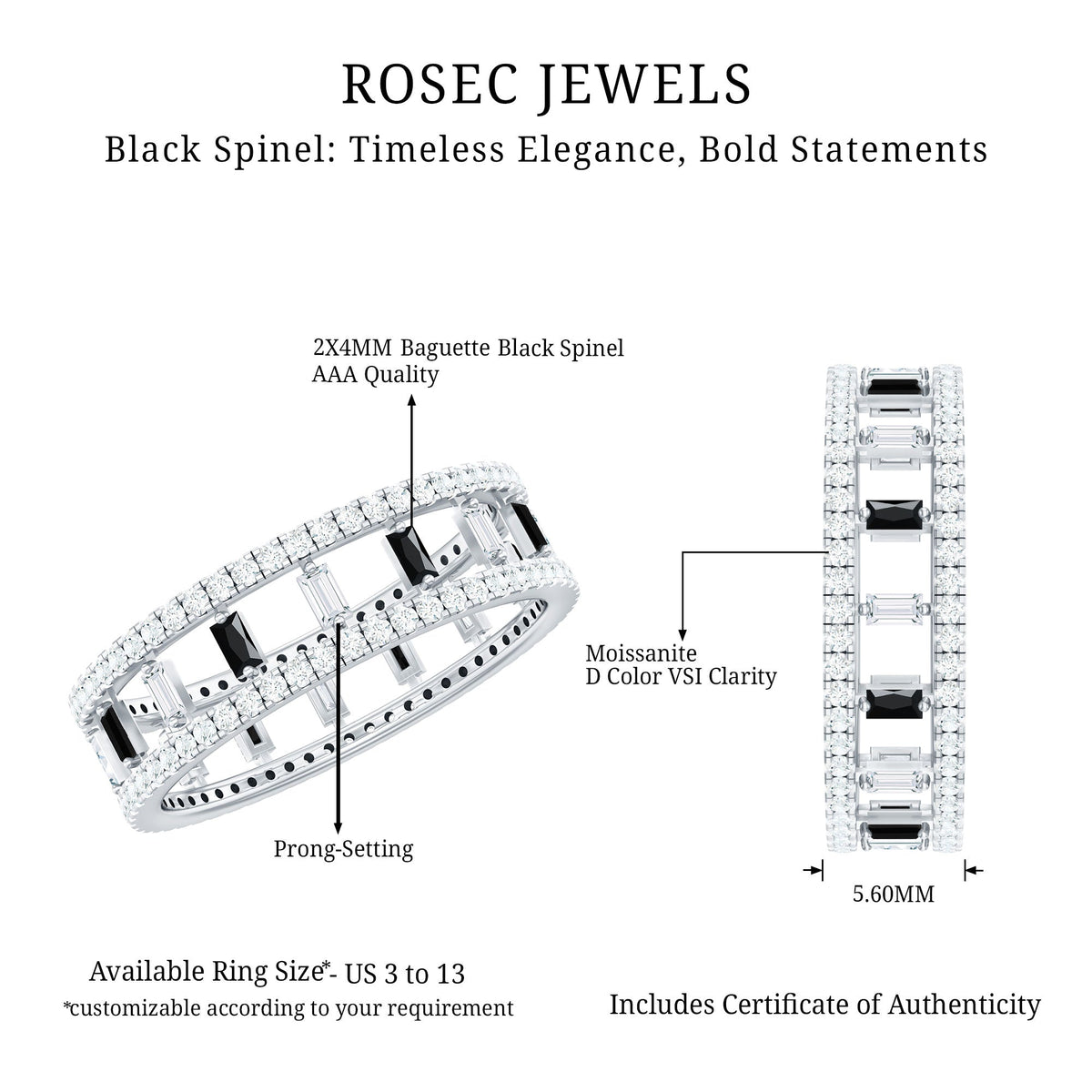 Baguette Cut Black Spinel and Moissanite Wedding Band for Women
