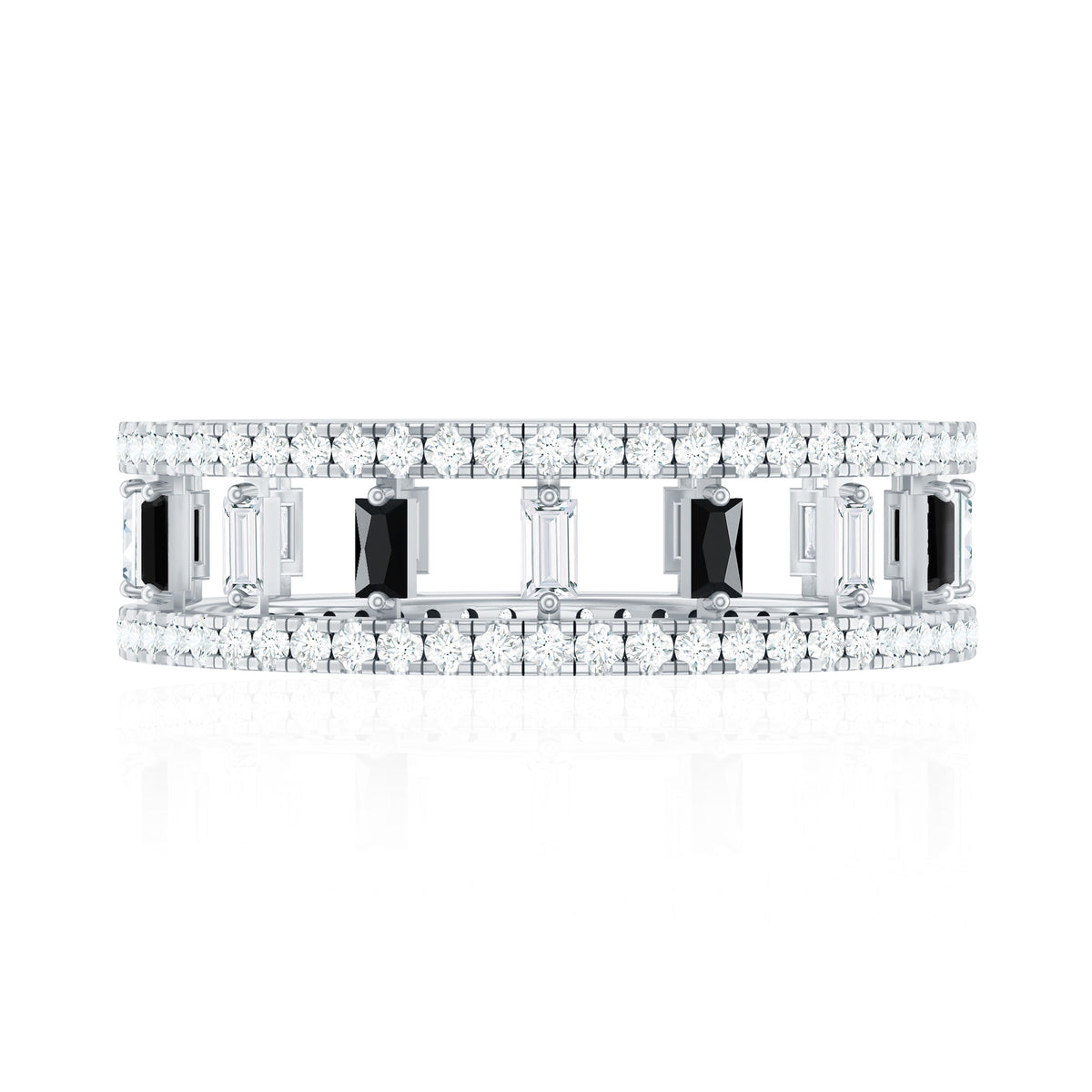 Baguette Cut Black Spinel and Moissanite Wedding Band for Women