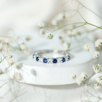 Certified Round Lab Grown Blue Sapphire Eternity Band Ring with Moissanite