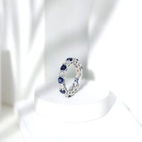 Certified Round Lab Grown Blue Sapphire Eternity Band Ring with Moissanite