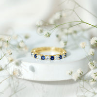 Certified Round Lab Grown Blue Sapphire Eternity Band Ring with Moissanite