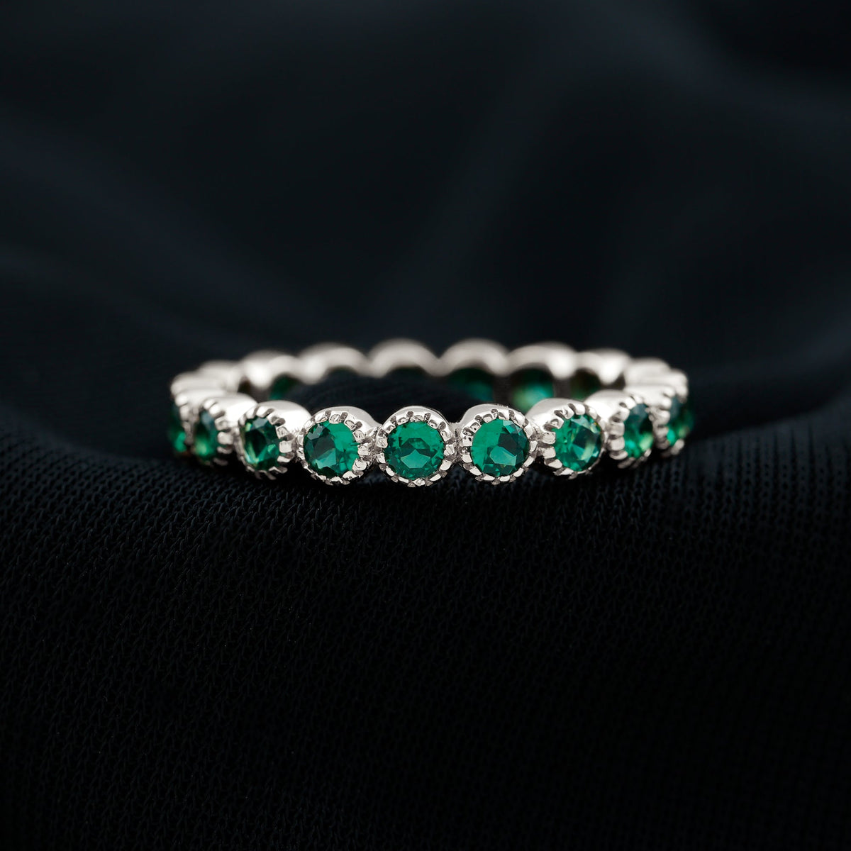 Certified Lab Created Emerald Full Eternity Band Ring in Bezel Setting