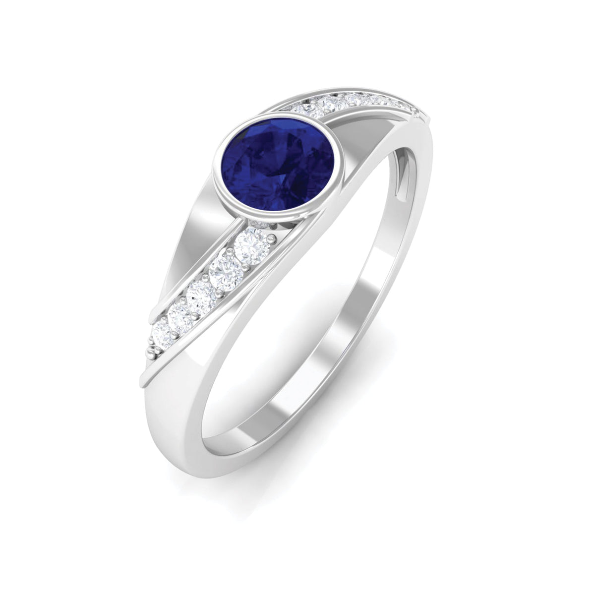 Bezel set blue sapphire and diamond men's engagement ring from Rosec Jewels, featuring a sleek band with vibrant gemstones.