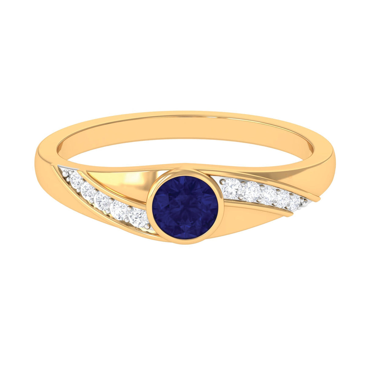 Bezel set blue sapphire and diamond engagement ring for men by Rosec Jewels, featuring a sleek band with blue gemstone and sparkling diamonds.