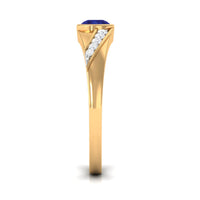 Bezel set blue sapphire and diamond men's engagement ring by Rosec Jewels showing the ring with blue sapphire center and diamond accents.