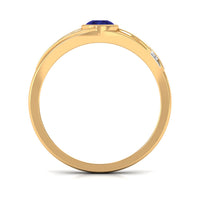 Bezel set blue sapphire and diamond men's engagement ring by Rosec Jewels featuring a sleek band with vibrant gemstone accents.