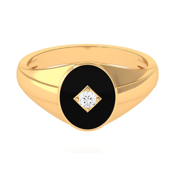 Natural diamond men's signet engagement ring with black enamel, crafted by Rosec Jewels, featuring a polished band with diamond accents.