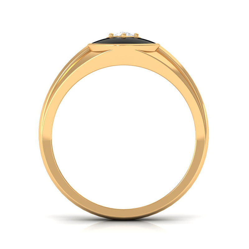 Natural diamond men's signet ring with black enamel from Rosec Jewels, showcasing a polished gold band and detailed design.