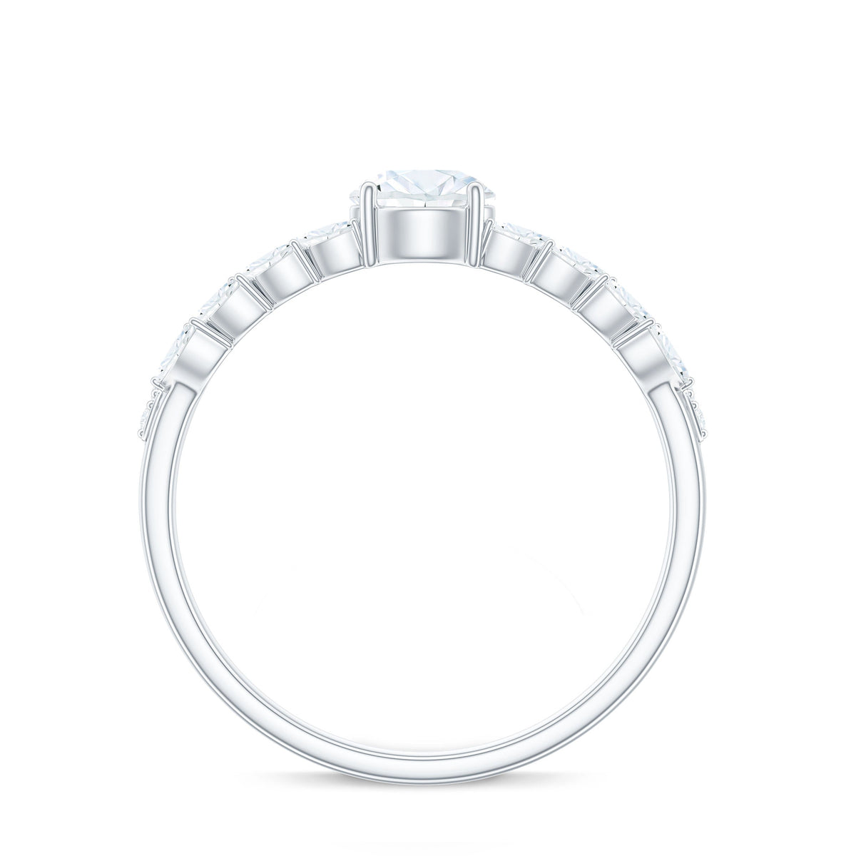 Round Shape Moissanite Engagement Ring with Marquise Side Stones