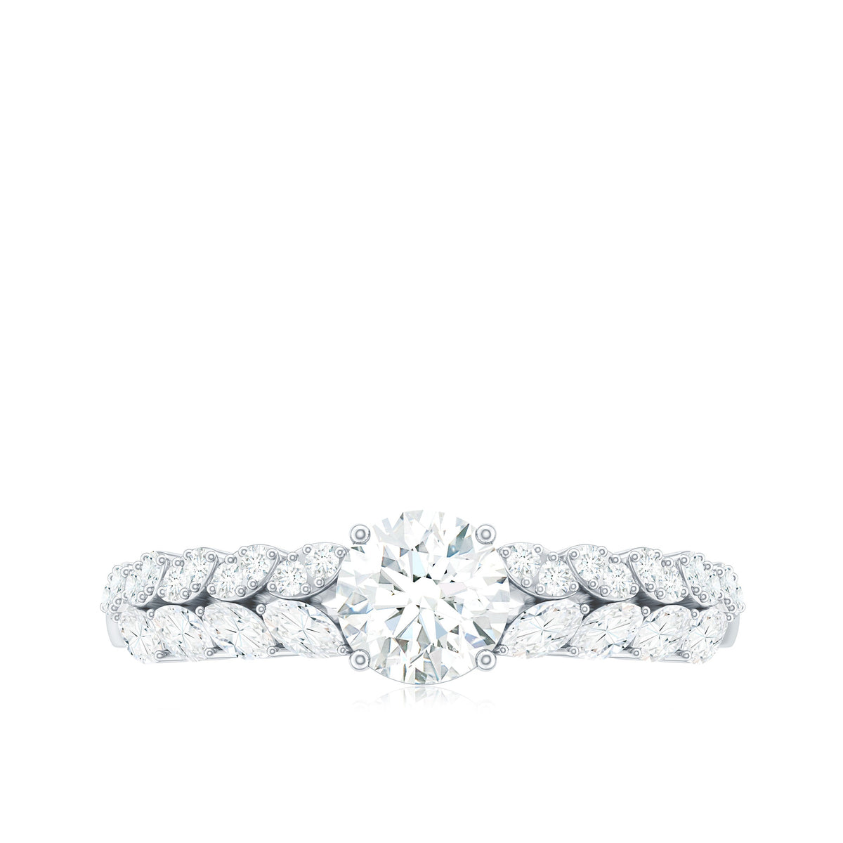 Round Shape Moissanite Engagement Ring with Marquise Side Stones