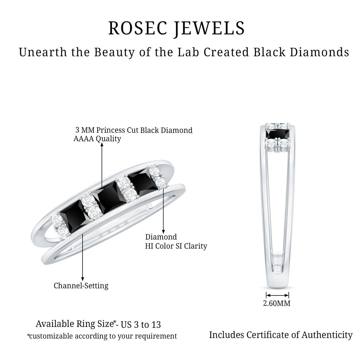 Certified Princess Cut Lab Grown Black and White Diamond Double Band Ring
