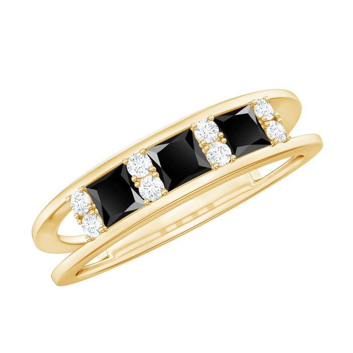 Rosec Jewels princess cut lab grown black and white diamond double band ring, showcasing elegant design and sparkling gemstones.