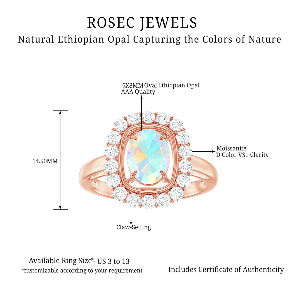 6x8mm Oval Cut Ethiopian Opal Halo Engagement Ring with Moissanite