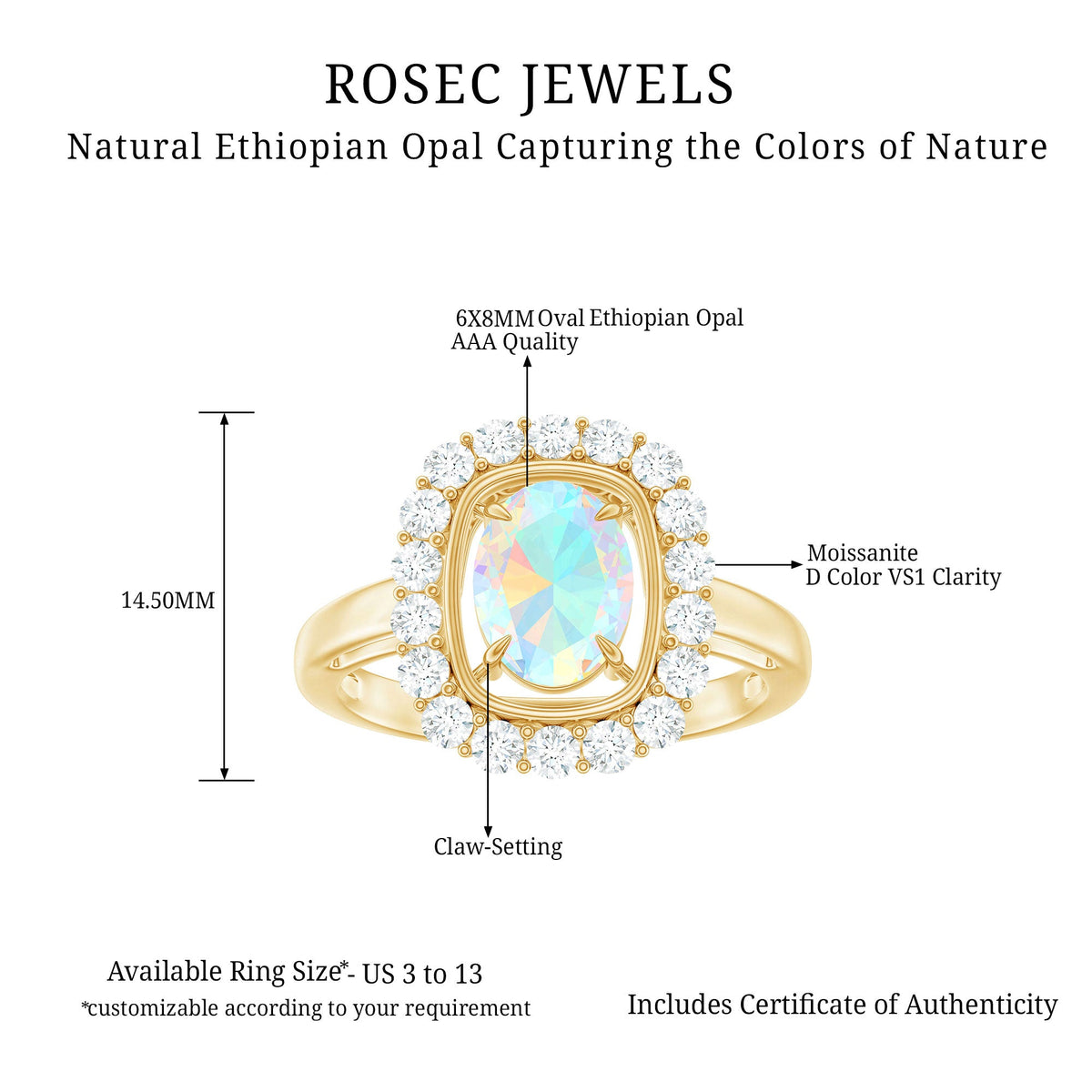 6x8mm Oval Cut Ethiopian Opal Halo Engagement Ring with Moissanite