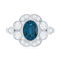 Real Oval London Blue Topaz Vintage Engagement Ring with Diamond