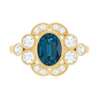 Real Oval London Blue Topaz Vintage Engagement Ring with Diamond