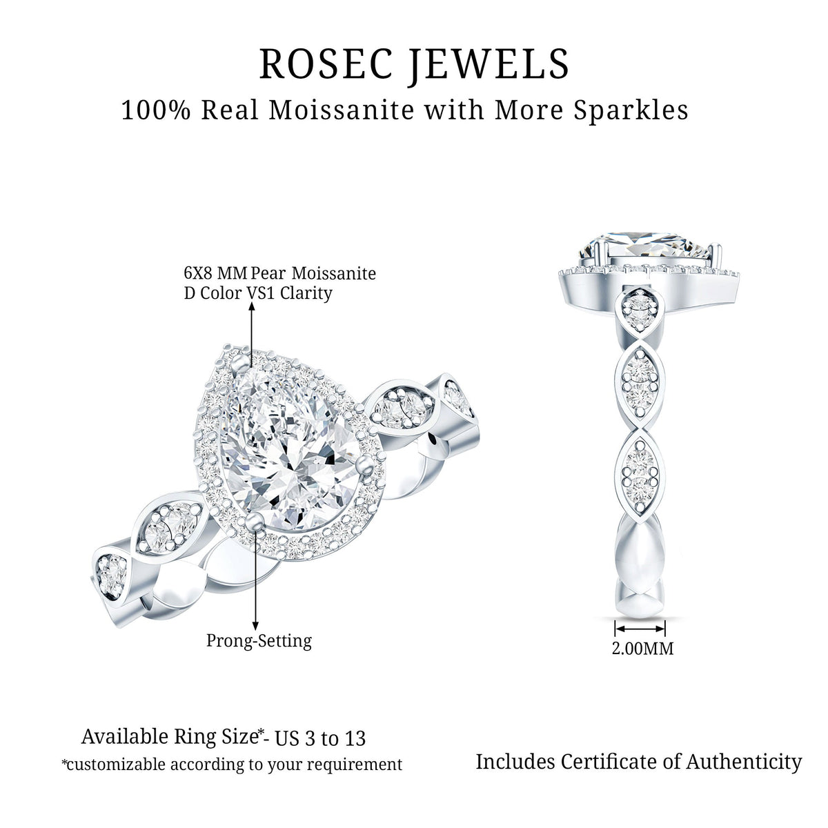 Moissanite teardrop engagement ring with scalloped shank by Rosec Jewels, featuring a sparkling gemstone and intricate band detail.