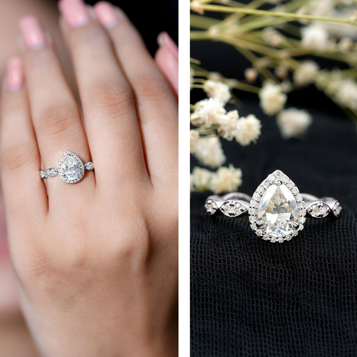 Moissanite teardrop engagement ring with scalloped shank by Rosec Jewels, featuring a sparkling teardrop center stone and intricate band details.