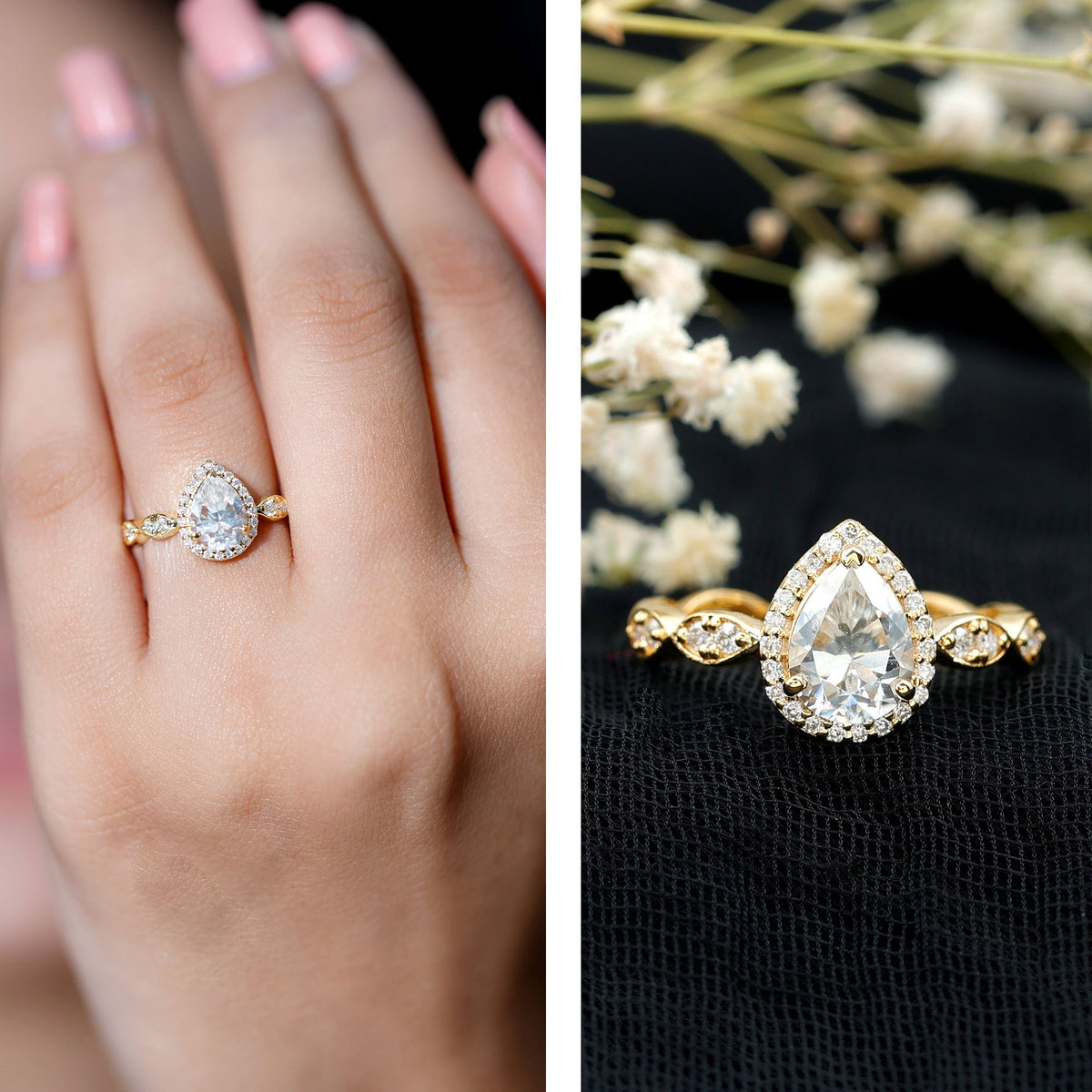 Moissanite teardrop engagement ring with scalloped shank by Rosec Jewels, featuring a sparkling teardrop-shaped center stone and intricate band.