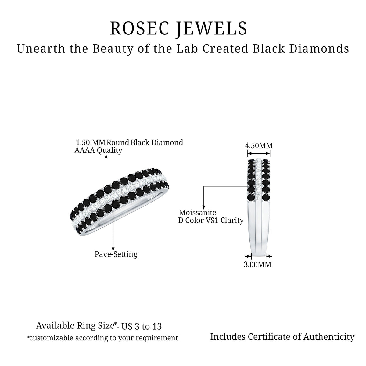 Certified Lab Grown Black and White Diamond Three Row Wedding Band