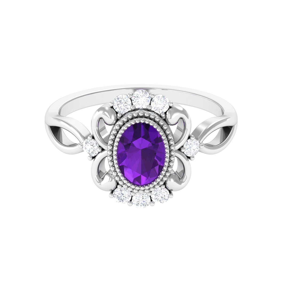 Vintage-inspired 1 carat amethyst oval engagement ring with diamond accents from Rosec Jewels, displayed on a white background.
