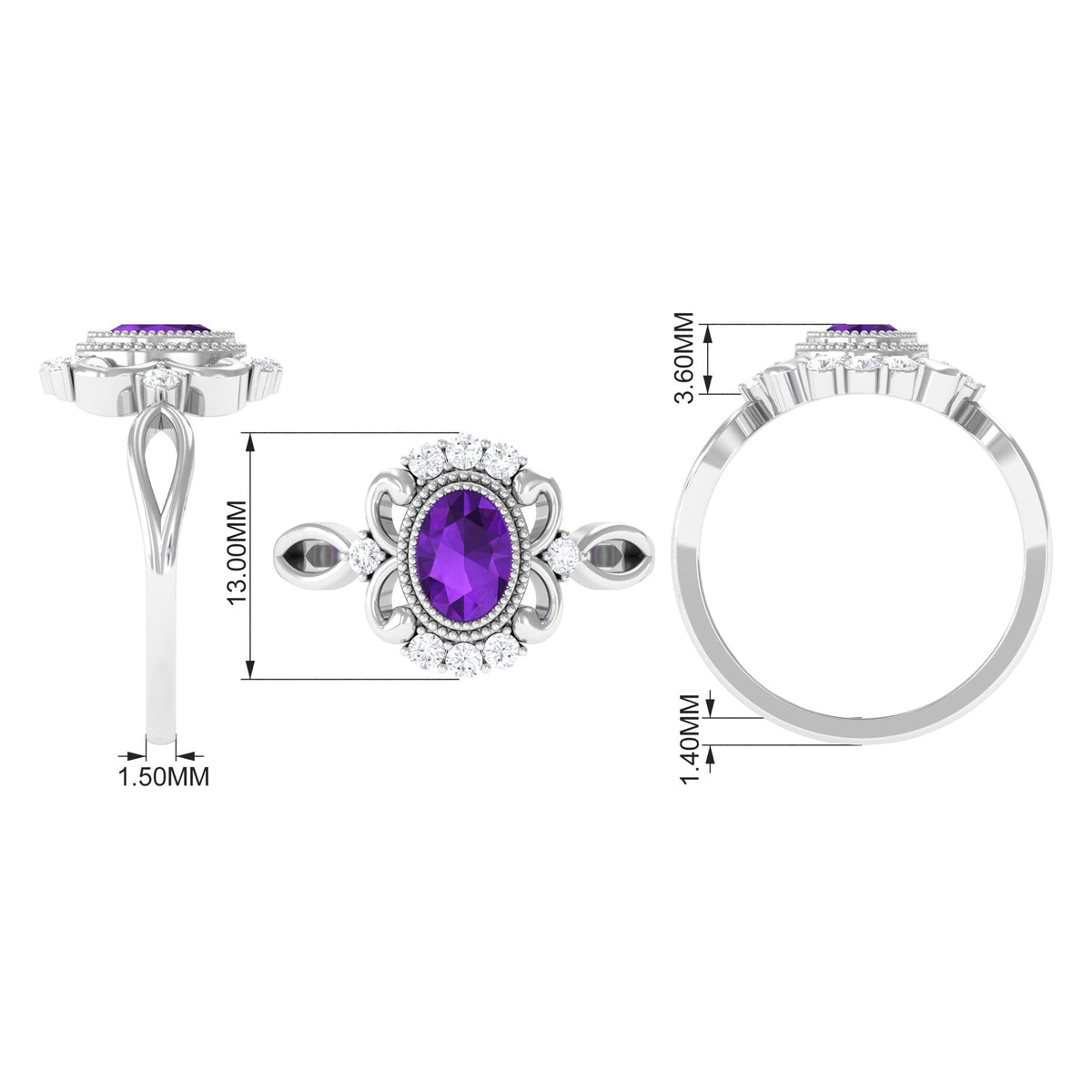 Vintage-inspired 1 carat amethyst oval engagement ring with diamond accents from Rosec Jewels, showcasing elegant gemstone and detailed design.