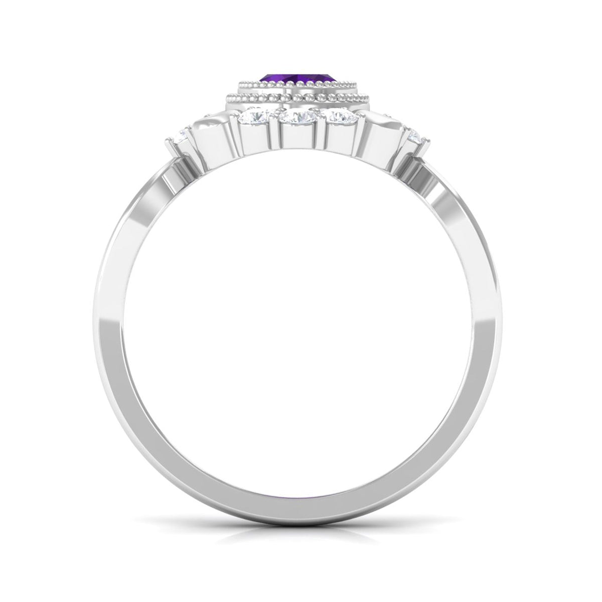 Vintage inspired 1 carat amethyst oval engagement ring with diamond accents by Rosec Jewels, showing the detailed ring design.