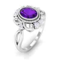 Vintage-inspired 1 carat amethyst oval engagement ring with diamond accents by Rosec Jewels, showcasing intricate design and gemstone details.