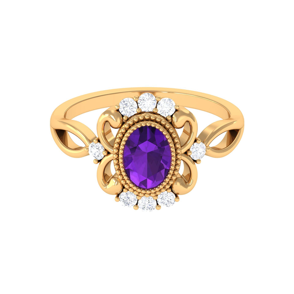 Vintage-inspired 1-carat amethyst oval engagement ring with diamond accents by Rosec Jewels, featuring a classic gold band and elegant design.