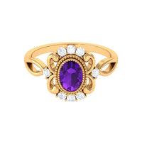 Vintage-inspired 1-carat amethyst oval engagement ring with diamond accents by Rosec Jewels, featuring a classic gold band and elegant design.