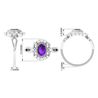 Vintage-inspired 1-carat amethyst oval engagement ring with diamond accents from Rosec Jewels, showcasing elegant craftsmanship.