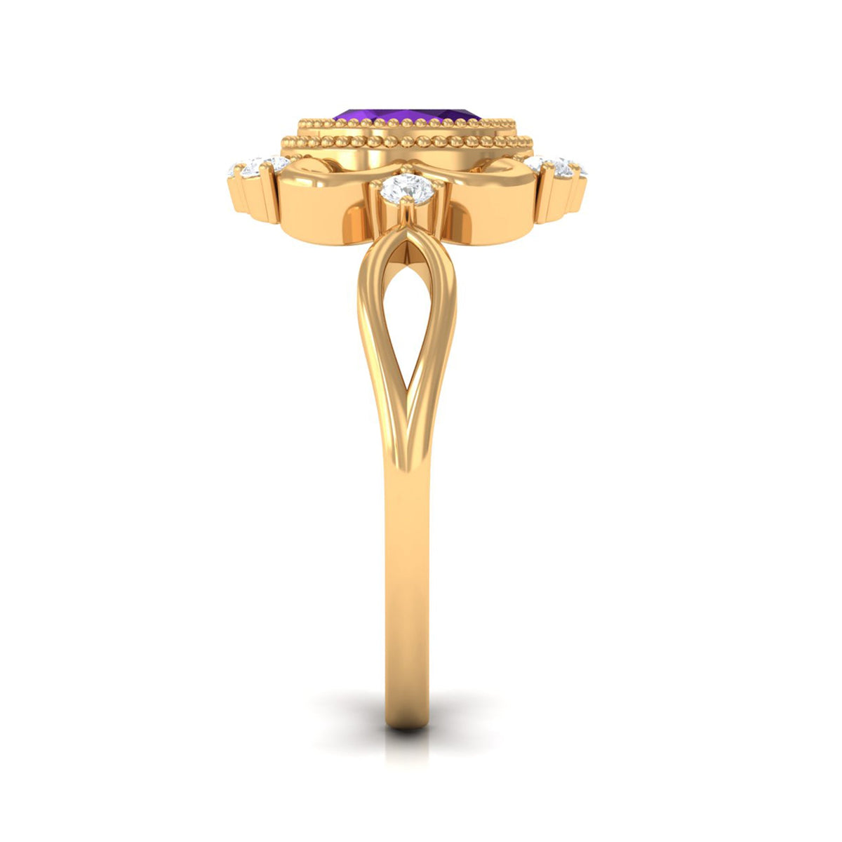 Vintage-inspired 1 carat amethyst oval engagement ring with diamond accents by Rosec Jewels, featuring a detailed gold band and elegant design.
