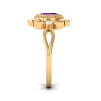 Vintage-inspired 1 carat amethyst oval engagement ring with diamond accents by Rosec Jewels, featuring a detailed gold band and elegant design.