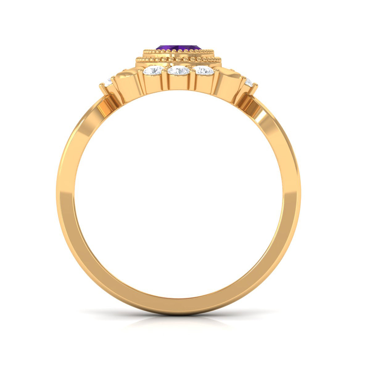 Vintage inspired 1 carat amethyst oval engagement ring with diamond accents by Rosec Jewels displayed on a white background.