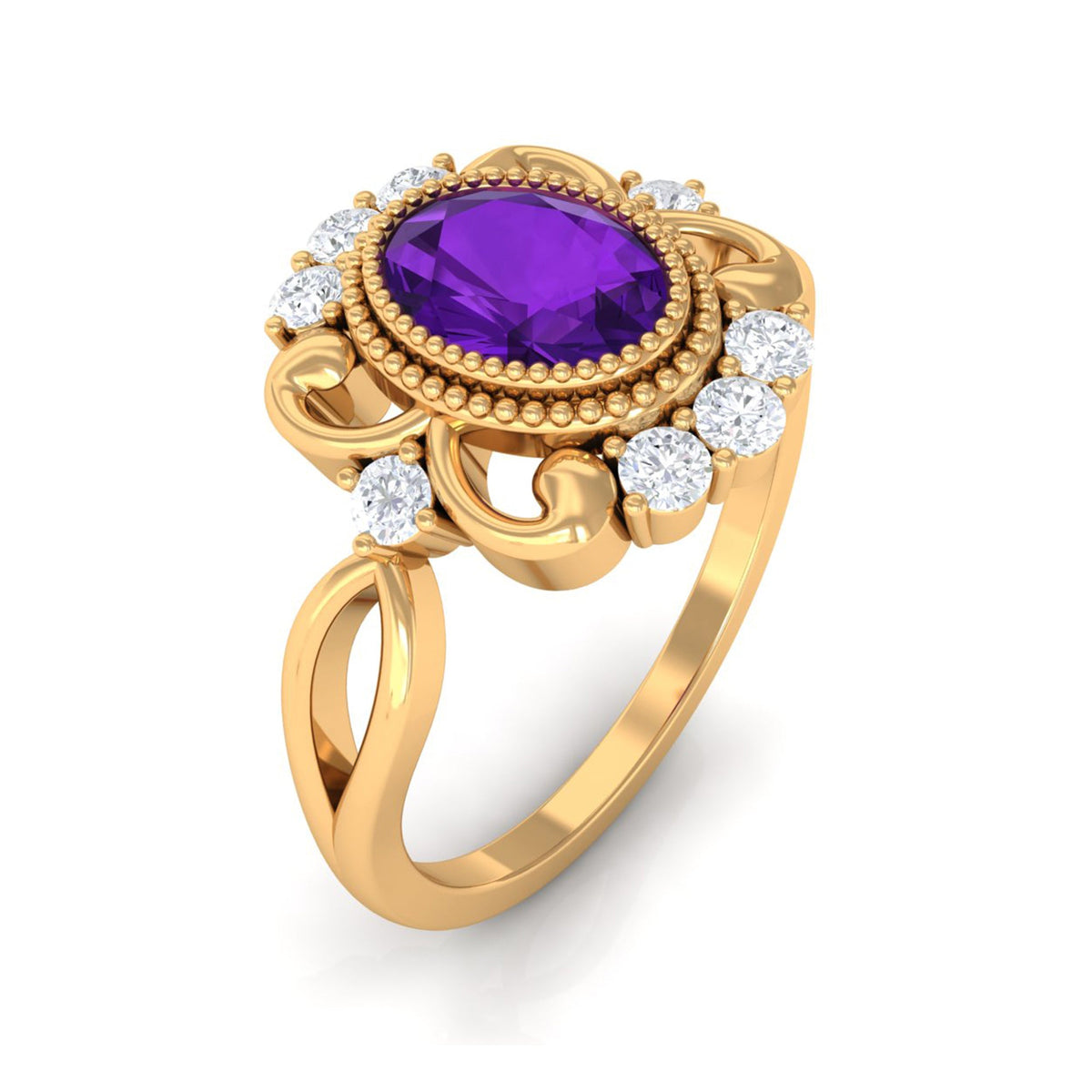 Vintage inspired 1 carat amethyst oval engagement ring with diamond accents, featuring rose gold band and intricate detailing.