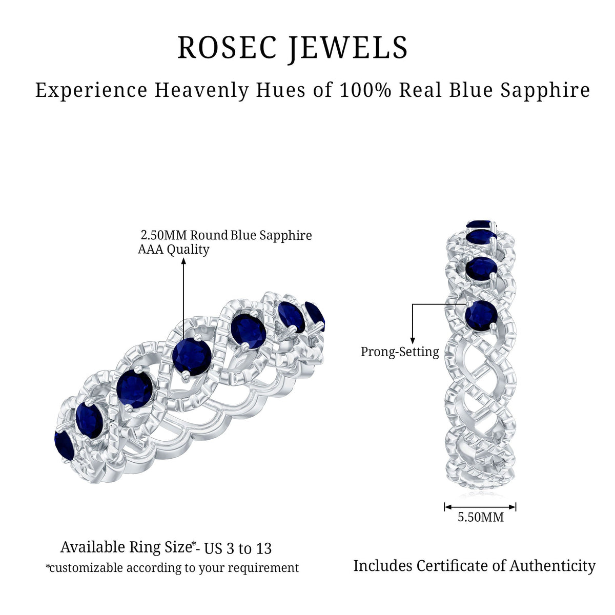 Elegant natural blue sapphire infinity ring by Rosec Jewels, featuring a continuous band with sparkling blue sapphires for anniversaries.