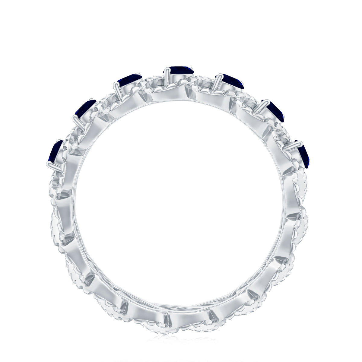 Natural blue sapphire infinity ring by Rosec Jewels featuring a continuous band of blue sapphires for anniversary.
