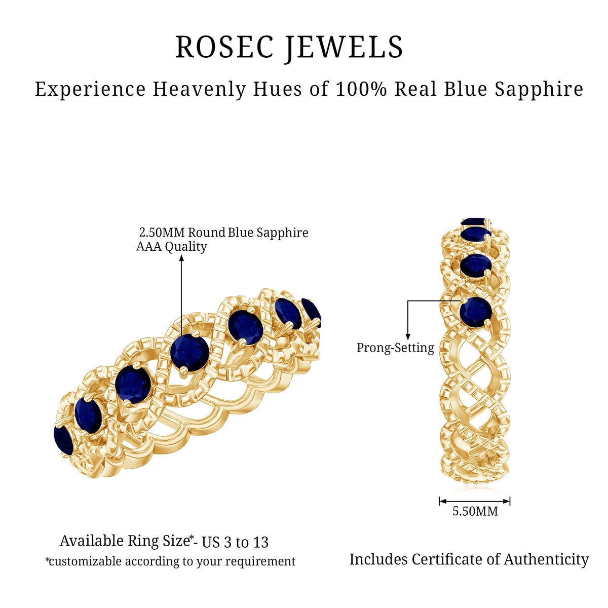 Elegant blue sapphire infinity ring by Rosec Jewels featuring a natural blue sapphire gemstone and a sleek infinity band design.