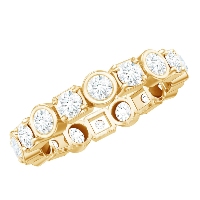 Round moissanite eternity wedding band by Rosec Jewels featuring sparkling stones and a sleek, continuous design.